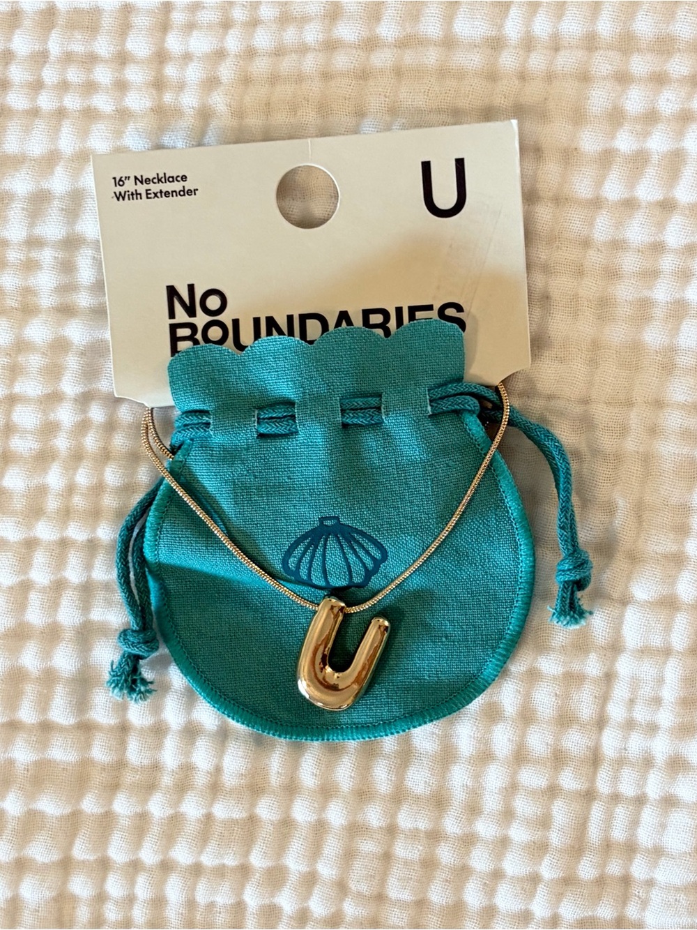 No Boundaries Gold Bubble Letter U Pendant Necklace - Teal Pouch NWT